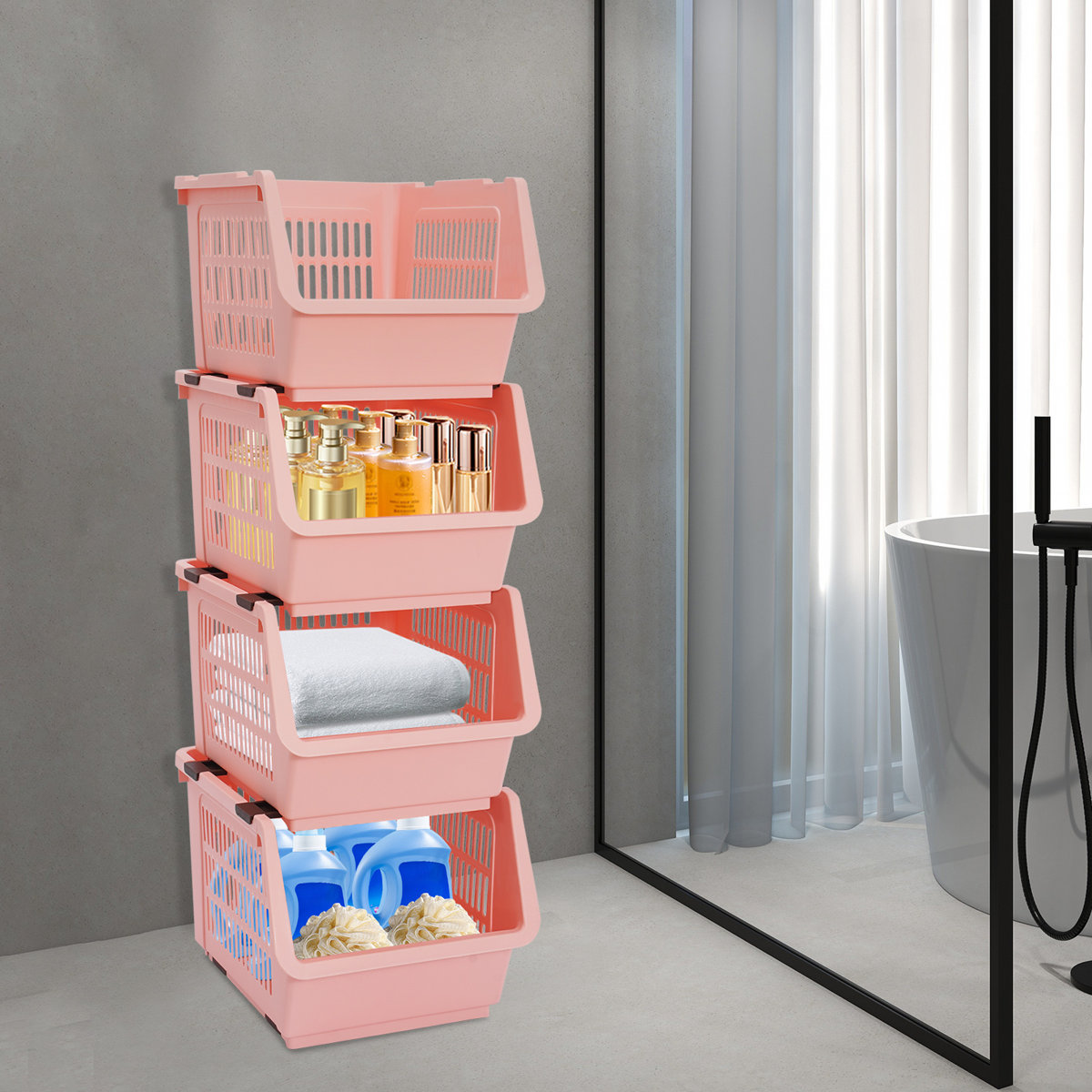 11" 4PCS Stacking Storage Baskets Rectangular Stackable Organizer Storage Bins Modern